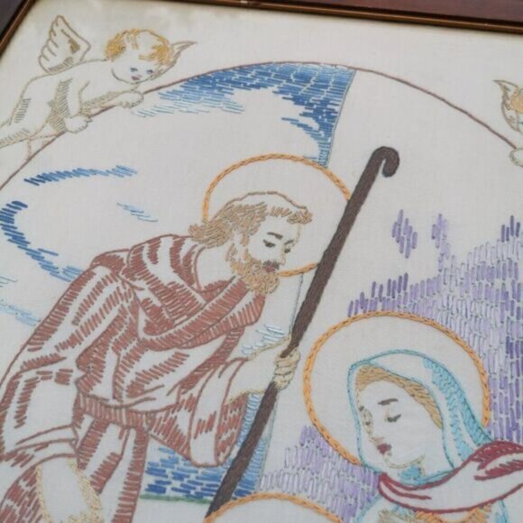 Framed Holy Family Nativity Needlepoint Vintage, Christmas Angels Embroidery - Picture 5 of 10